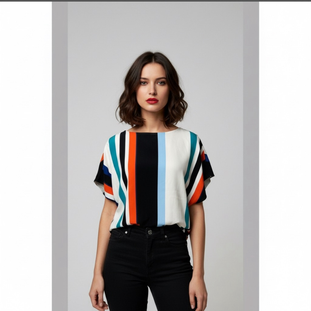 Vince Camuto Multi Color Striped Boxy Oversized Short Sleeve Crop Blouse Small